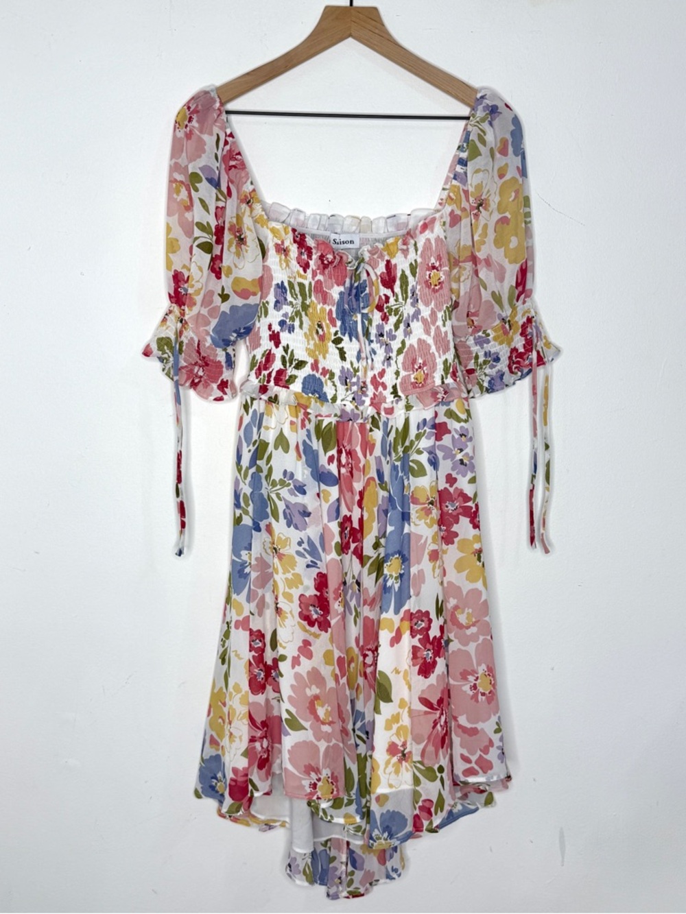 Saison Floral Dress Large Puff Sleeve Cottagecore Smocked Mini Dress Pastel